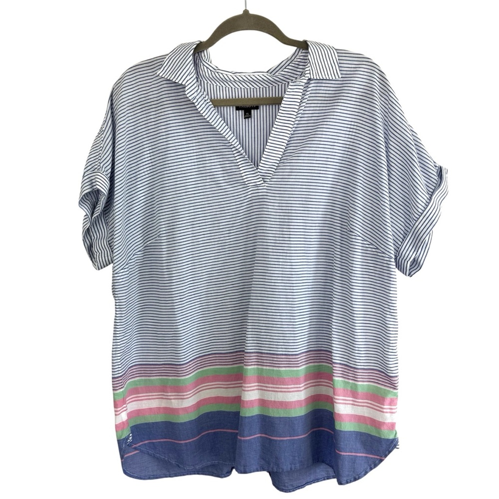 Talbots 100% Cotton Striped Popover Short Sleeve Blouse Size XL